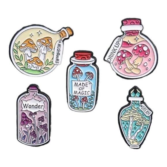 Mushroom Potion Bottles Pin Set 5 Enamel Brooch Bundle Magic Spell Fairycore Lot - Picture 1 of 6